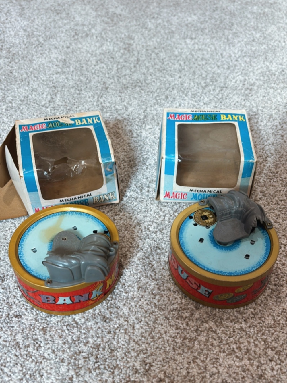 Two Vintage Tin Mechanical Wind Up Magic Mouse Coin Banks with Original Boxes!